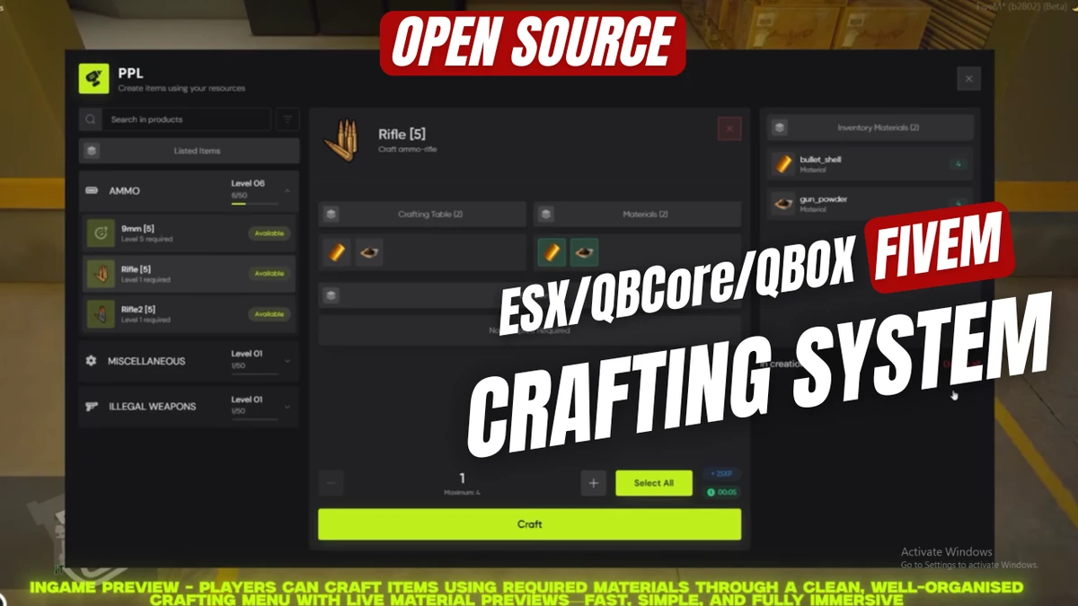 Crafting System FiveM | Open Source (ESX / QBCore / QBOX)